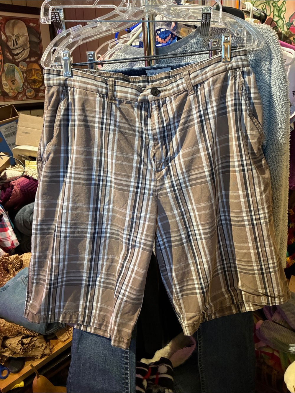 Perry Ellis Brown and White Plaid Flat Front Shorts